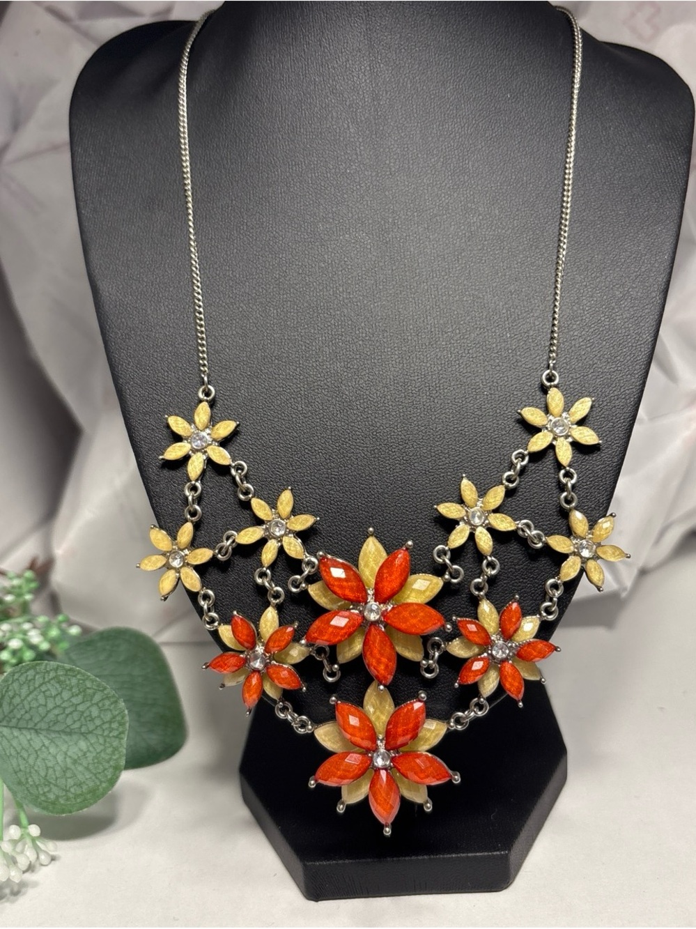 Icing Brand Orange and Gold Floral Statement Necklace - Women Jewelry